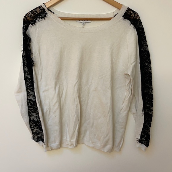 SANDRO Black and White Lace Colorblock Pattern Scoop Neck Sweater - Picture 3 of 10
